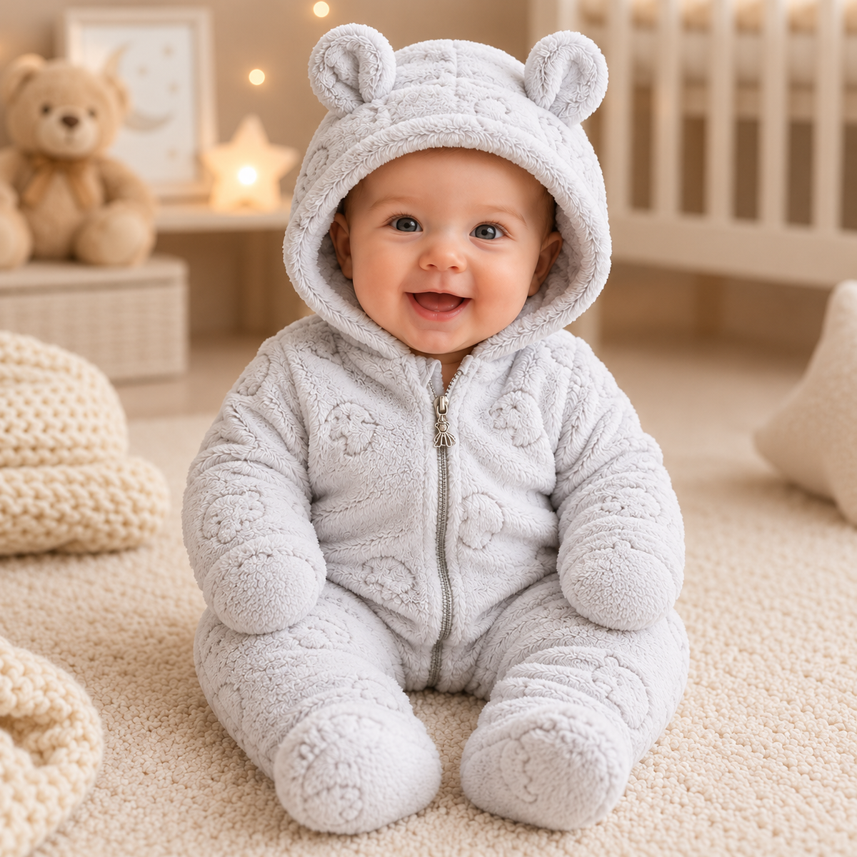 PolarBaby™ CloudSoft Bear Romper – Ultra Plush Hooded Baby Onesie